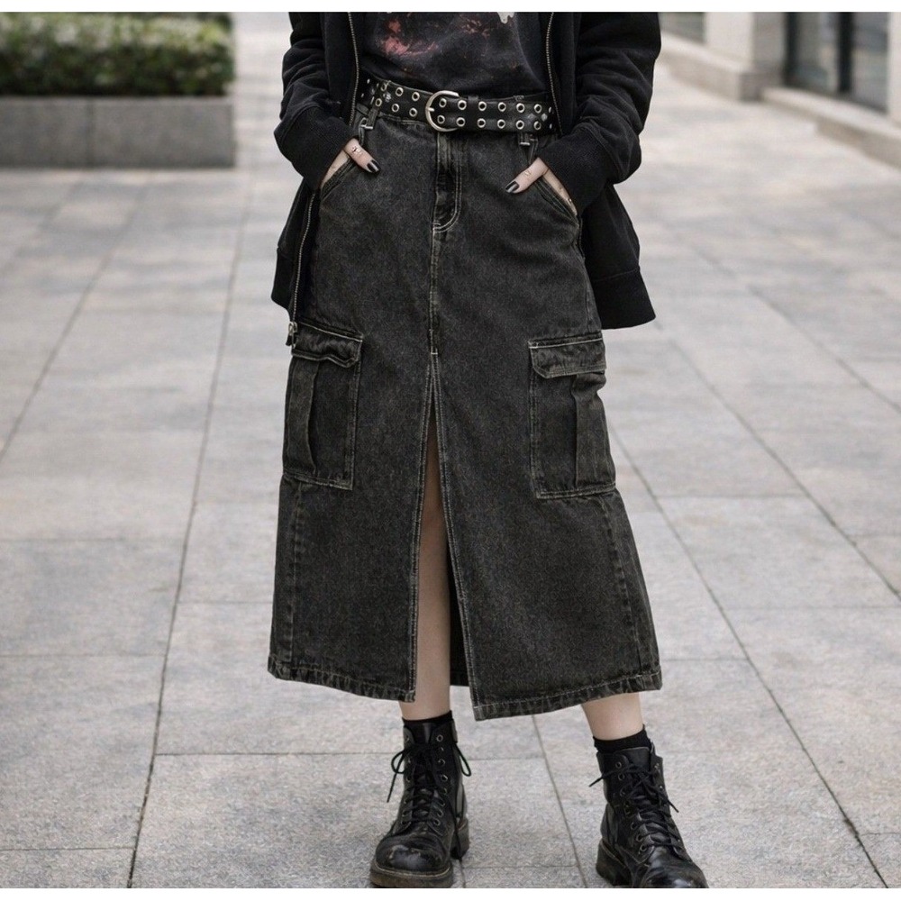 Love Fire Womens Skirt 13 Black Wash Cargo Pencil Slit Midi Casual Grunge Y2K